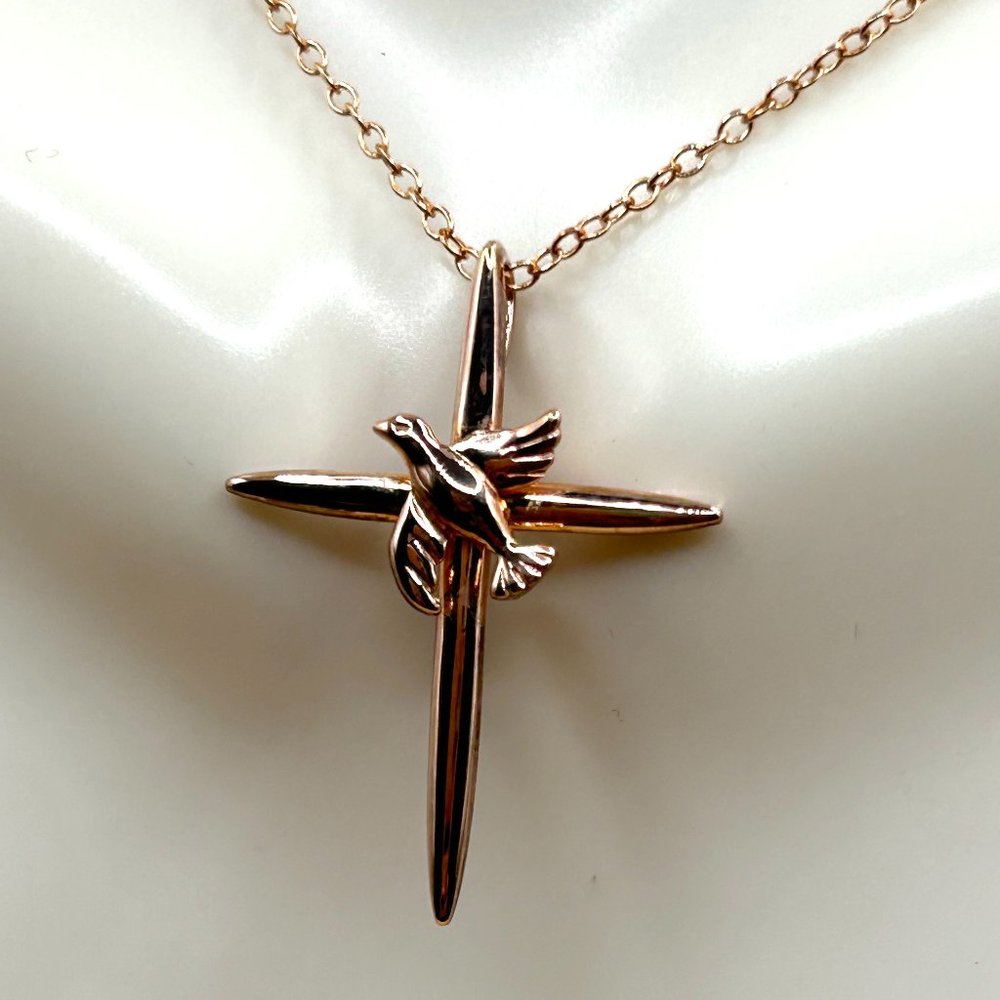 Signed JCM 925 Sterling Silver Rose Gold Vermeil Cross Dove Charm Necklace